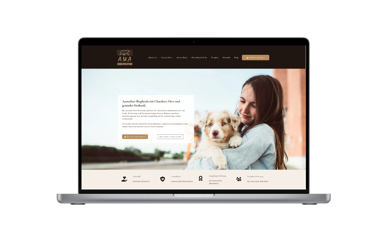 Website-erstellung für Aussies with attitude. Website Relaunch, Logo Entwicklung, SEO, Formulare und Marketing.